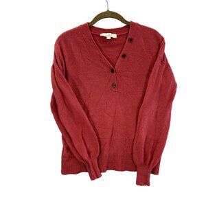 Loft Womens XS Petite Sweater Red V-Neck Button-Up Burnt Orange Balloon Sleeve